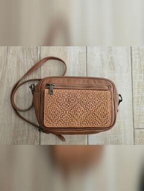 Valentina Fiore Brown Genuine Leather Handbag Woven Texture Shoulder Bag Italy
